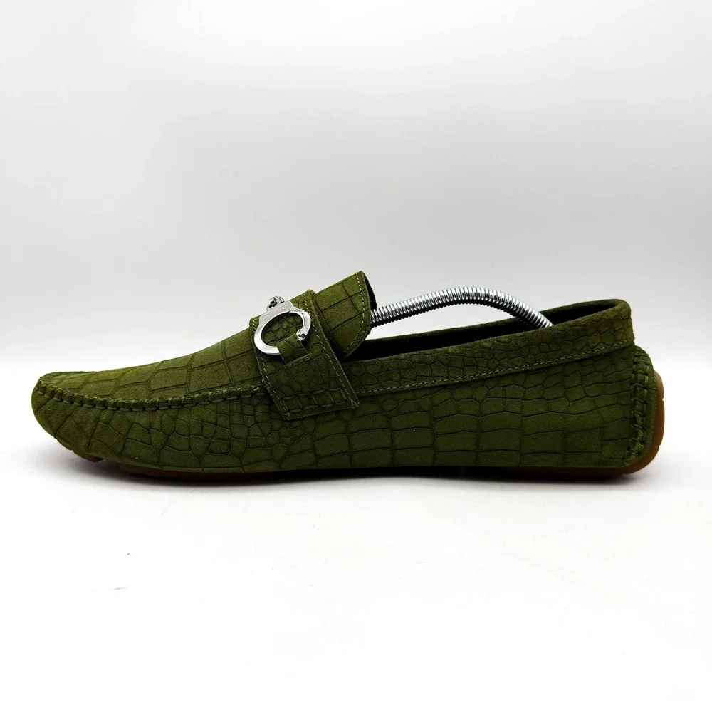Jimmy Choo Croc Embossed Suede Driving Loafers Green Silver Hardware Size 46
